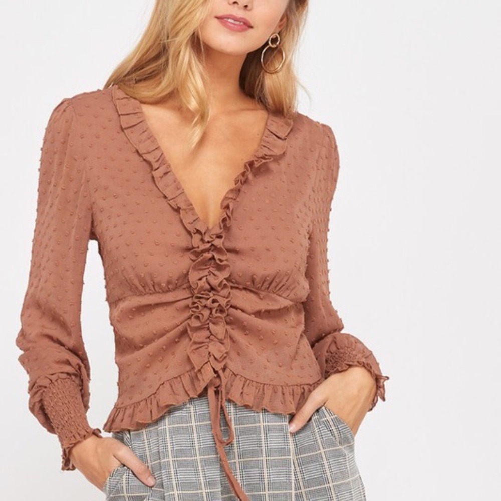 Sheer Ruffle Front Swiss Dot Textured Long Sleeve Blouse in Ginger
